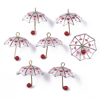 Printed Acrylic Pendants, with ABS Plastic Imitation Pearl and Golden Plated Brass Loops, Umbrella with Heart Pattern, Red, 20~21x20x20mm, Hole: 1.6mm