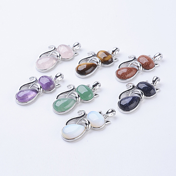 Natural & Synthetic Mixed Stone Kitten Pendants, with Brass Findings, Cat Silhouette Shape, Platinum, 45x27x8mm, Hole: 5x7mm