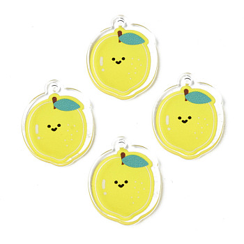 Translucent Acrylic Pendants, Double-Faced Printed, Lemon, Yellow, 24.5x19x2mm, Hole: 2mm