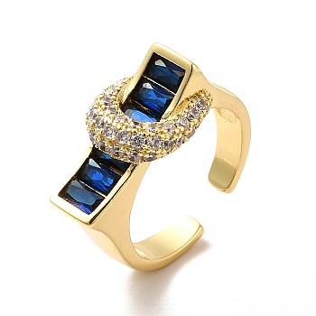 Cubic Zirconia Rectangle with Moon Open Cuff Ring, Real 18K Gold Plated Brass Jewelry for Women, Blue, US Size 7 1/2(17.7mm)