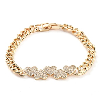 Cubic Zirconia Link Bracelet with Golden Brass Curb Chains, Long-Lasting Plated, Heart, 7-1/2 inch(19cm)