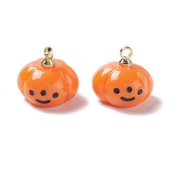 Halloween Opaque Resin Charms, with Light Gold Tone Metal Loops, Pumpkin, Orange, 11x12mm, Hole: 1.6mm