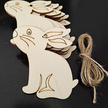 Easter Unfinished Wood Pendant Ornaments, with Hemp Rope, for Blank Crafts DIY Easter Party Hanging Decoration Supplies, PapayaWhip, Rabbit, 80x74mm, 10pcs/bag
