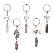 Double Terminated Pointed Bullet Gemstone Pendant Keychain, with 304 Stainless Steel Split and Alloy Findings, Sun/Lotus/Tree of Life/Moon/Hamsa Hand, 9.2~116.5cm(KEYC-JKC00453)