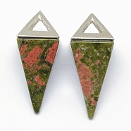 Natural Unakite Pendants, with Alloy Findings, Triangle, Platinum, 34x14x14.5mm, Hole: 4x6mm(KK-E757-D-06P)