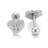 201 Stainless Steel Earlobe Plugs for Valentine's Day, Screw Back Earrings, with 304 Stainless Steel Pins, Heart with Word Love, Stainless Steel Color, 7x8x2mm, Pin: 1mm(EJEW-R147-37)