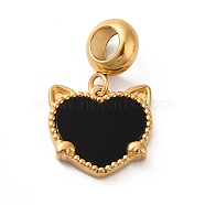 Ion Plating(IP) 304 Stainless Steel European Dangle Charms, Large Hole Pendants with Black Heart Shaped Acrylic, Cat Head, Golden, 22mm, Pendant: 13.5x14x3mm, Hole: 4.5mm(STAS-G308-33G)