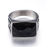 304 Stainless Steel Wide Band Rings, with Natural Black Agate, Rectangle, Antique Silver, Size 9, 19mm(RJEW-G092-23-19mm)