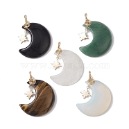Natural & Synthetic Mixed Gemstone Pendants, Crescent Moon Charms with Golden Plated Brass Star, 42~43x32~33x7.5~8mm, Hole: 4.5mm(PALLOY-JF02558)