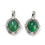 Brass Pave Clear Cubic Zirconia Pendants, Dyed Natural Green Agate Oval Charms, Platinum, 18.5x14.5x6mm, Hole: 2.7x4mm(KK-C051-58P)