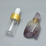 Natural Amethyst Openable Perfume Bottle Pendants, with Brass Findings and Glass Essential Oil Bottles, 39~49x19~23x13~16mm, Hole: 0.8mm, Glass Bottle Capacity: 3ml(0.101 fl. oz), Gemstone Capacity: 1ml(0.03 fl. oz)(G-E556-13A)