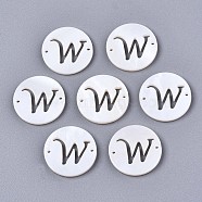 Natural Freshwater Shell Links Connectors, Flat Round with Letter, Letter.W, 14.5x1.5mm, Hole: 0.9mm(SHEL-S276-120W)