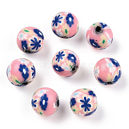 Handmade Polymer Clay Beads, Round with Flower Pattern, Pink, 10mm, Hole: 1.5~2mm(CLAY-T020-39B)