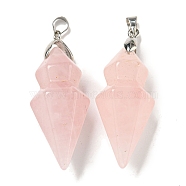 Natural Rose Quartz Pointed Pendants, Faceted Bullet Shaped Charms with Rack Plating Brass Snap on Bails, Platinum, Cadmium Free & Lead Free, 43x14mm, Hole: 4x5mm(G-F766-08AS-03)