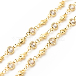 Brass Heart & Flat Round Link Chains, with Clear Cubic Zirconia Beaded, Long-Lasting Plated, Soldered, with Spool, Golden, 10x5x2mm, 7.5x4x2mm(CHC-E024-17G)