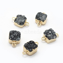 Natural Druzy Quartz Links connectors, with Brass Findings, Square, Golden, Black, 14~18x9~10x6~8mm, Hole: 2mm(G-P396-11G-02)