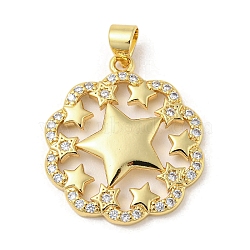Rack Plating Brass Micro Pave Cubic Zirconia Pendants, Long-Lasting Plated, Lead Free & Cadmium Free, Flower with Star Charms, Real 18K Gold Plated, 24.5x21x3mm, Hole: 5x3mm(KK-F869-21G)