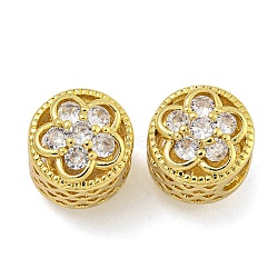 Rack Plating Brass Micro Pave Cubic Zirconia Beads, Long-Lasting Plated, Cadmium Free & Lead Free, Column with Flower, Real 18K Gold Plated, 12x11mm, Hole: 4.5mm(KK-I718-40G)