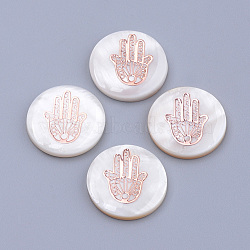 Freshwater Shell Cabochons, with Iron Findings, Flat Round with Hamsa Hand/Hand of Fatima/Hand of Miriam, Rose Gold, Seashell Color,Rose Gold, 16x3.5mm(X-BSHE-S622-09)