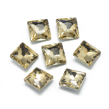 Pointed Back Glass Rhinestone Cabochons, Back Plated, Faceted, Square, Dark Khaki, 8x8x3.5mm