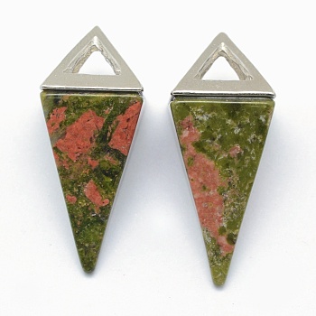 Natural Unakite Pendants, with Alloy Findings, Triangle, Platinum, 34x14x14.5mm, Hole: 4x6mm