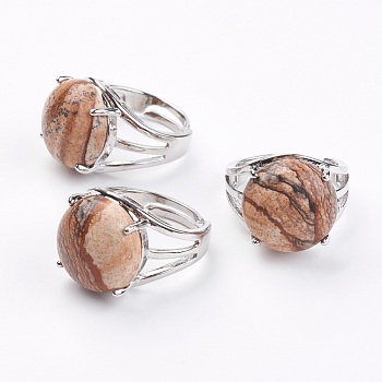 Adjustable Natural Picture Jasper Finger Rings, with Brass Findings, US Size 7 1/4(17.5mm)