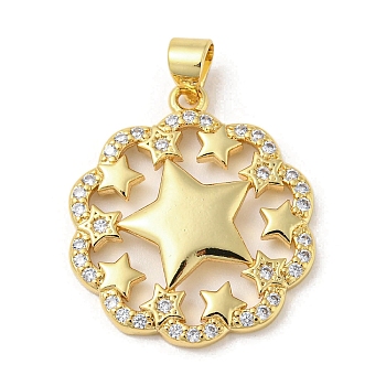 Rack Plating Brass Micro Pave Cubic Zirconia Pendants, Long-Lasting Plated, Lead Free & Cadmium Free, Flower with Star Charms, Real 18K Gold Plated, 24.5x21x3mm, Hole: 5x3mm