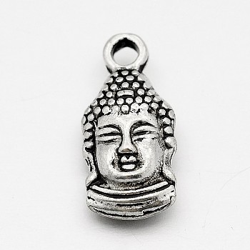 Tibetan Style Alloy Buddha Head Pendants, Antique Silver, 15.5x7x4mm, Hole: 1mm