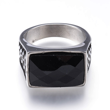 304 Stainless Steel Wide Band Rings, with Natural Black Agate, Rectangle, Antique Silver, Size 9, 19mm
