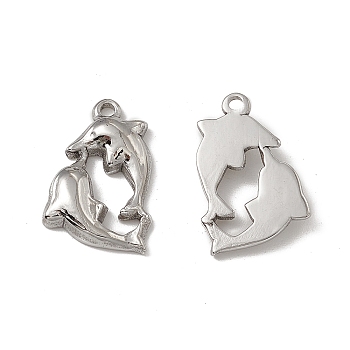 201 Stainless Steel Pendants, Dolphin Charm, Stainless Steel Color, 19x12x3mm, Hole: 1.6mm