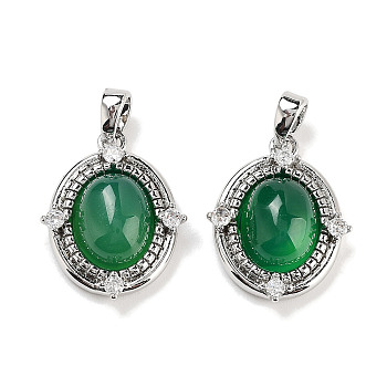 Brass Pave Clear Cubic Zirconia Pendants, Dyed Natural Green Agate Oval Charms, Platinum, 18.5x14.5x6mm, Hole: 2.7x4mm