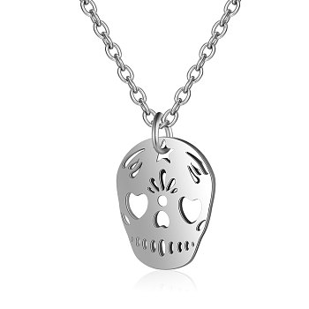 201 Stainless Steel Pendant Necklaces, with Cable Chains, Skull, Stainless Steel Color, 15.7 inch(40cm), 1.5mm, Skull: 17.5x14x1mm