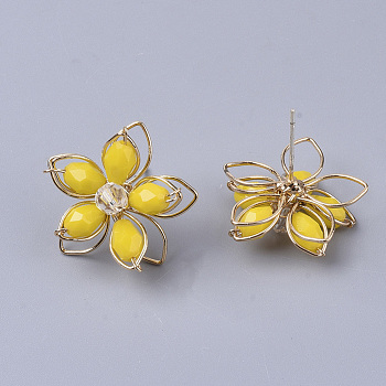 Glass Stud Earrings, with Glass and Golden Plated Iron Findings, Flower, Gold, 19x20mm, Pin: 0.7mm