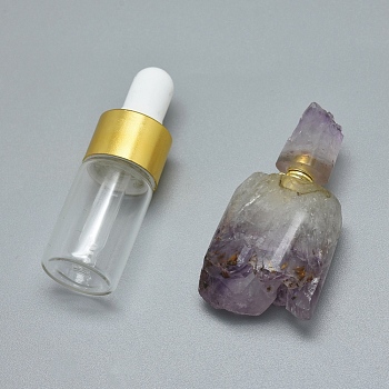 Natural Amethyst Openable Perfume Bottle Pendants, with Brass Findings and Glass Essential Oil Bottles, 39~49x19~23x13~16mm, Hole: 0.8mm, Glass Bottle Capacity: 3ml(0.101 fl. oz), Gemstone Capacity: 1ml(0.03 fl. oz)