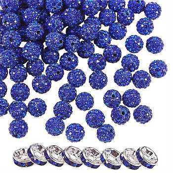 100Pcs Polymer Clay Rhinestone Round Beads, with 10Pcs Brass Rhinestone Spacer Beads, Sapphire, PP13(1.9~2mm), 6 Rows Rhinestone, 10mm, Hole: 1.5mm, 110pc/box