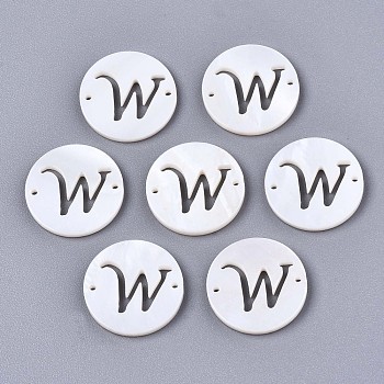 Natural Freshwater Shell Links Connectors, Flat Round with Letter, Letter.W, 14.5x1.5mm, Hole: 0.9mm