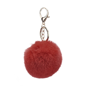 Pom Pom Ball Keychain, with Alloy Lobster Claw Clasps and Iron Key Ring, for Bag Decoration,  Keychain Gift and Phone Backpack , Light Gold, FireBrick, 138mm