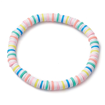Rainbow Color Disc Handmade Polymer Clay Beaded Stretch Bracelets for Women, Colorful, Inner Diameter: 2-1/4 inch(5.55cm)
