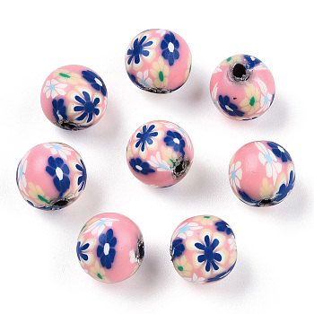 Handmade Polymer Clay Beads, Round with Flower Pattern, Pink, 10mm, Hole: 1.5~2mm