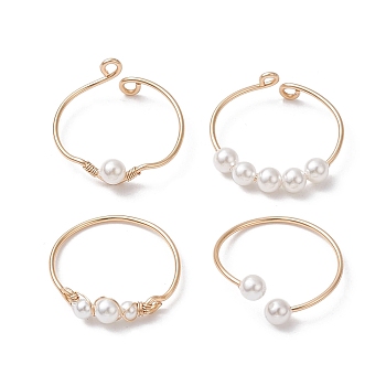 4Pcs 4 Style Brass Wire Wrap Open Cuff Rings Set, Shell Pearl Beaded Stackable Rings, Light Gold, Inner Diameter: 19~20.5mm, 1Pc/style