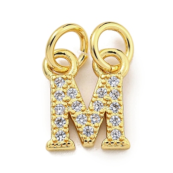Initial Letter Brass with Cubic Zirconia Charms, Real 18K Gold Plated, Long-Lasting Plated, Lead Free & Cadmium Free, Letter M, 10x8.5x1.5mm, ring: 5x1mm, inner diameter: 3mm