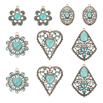 10Pcs 5 Styles Synthetic Turquoise Dyed Pendants, with Alloy Rhinestone Findings, Lead Free & Cadmium Free, Antique Silver, 29.5~47x22.5~38x6~7.5mm, Hole: 2~2.2mm, 2pcs/style