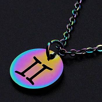 201 Stainless Steel Pendants Necklaces, with Cable Chains and Lobster Claw Clasps, Flat Round with Constellation/Zodiac Sign, Rainbow Color, Gemini, 15-3/4 inch(40cm), 1.5mm