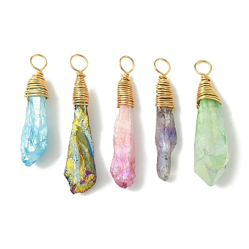 5Pcs Electroplated Natural Quartz Pendants, Teardrop, with Copper Wire, Real 18K Gold Plated, 30.5~36.5x5.5~9x4~12mm, Hole: 3~3.5mm