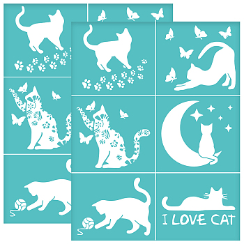 Self-Adhesive Silk Screen Printing Stencil, for Painting on Wood, DIY Decoration T-Shirt Fabric, Turquoise, Cat Shape, 280x220mm