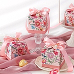 Flower Printed Paper Candy Gift Packaging Boxes with Ribbon, Foldable Storage Boxes for Wedding, Square, Pearl Pink, 7x7x7cm(PW-WG9702E-02)