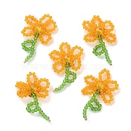 Handmade Glass Beaded Woven Cabochons, for DIY Jewelry Making Crafts, with Brass Finding, Flower, Orange, 40~43x25~30x7~7.5mm(GLAA-C028-01D)
