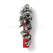 Tibetan Style Alloy & Glass Big Pendants, Cadmium Free & Lead Free, Dragon & Column, Antique Silver, Red, 54x19x20mm, Hole: 5x8mm(FIND-B041-02AS-03)