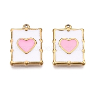 PVD Vacuum Plating 201 Stainless Steel Enamel Pendants, Real 18K Gold Plated, Rectangle with Heart Charm, Pearl Pink, 20.5x15x2.5mm, Hole: 1.2mm(STAS-J401-VC1031)