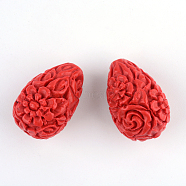 Carved Flower Cinnabar Beads, teardrop, FireBrick, 20.5x13.5x13.5mm, Hole: 2mm(CARL-Q004-53)